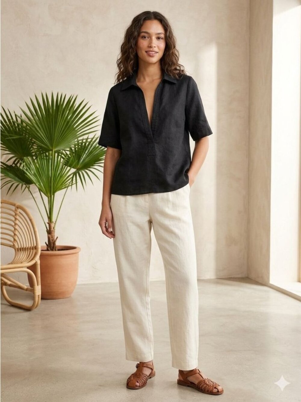 J.Crew Bungalow Popover Top Black Linen Boxy Fit Collared V Neck 2024 Size S - Picture 4 of 7